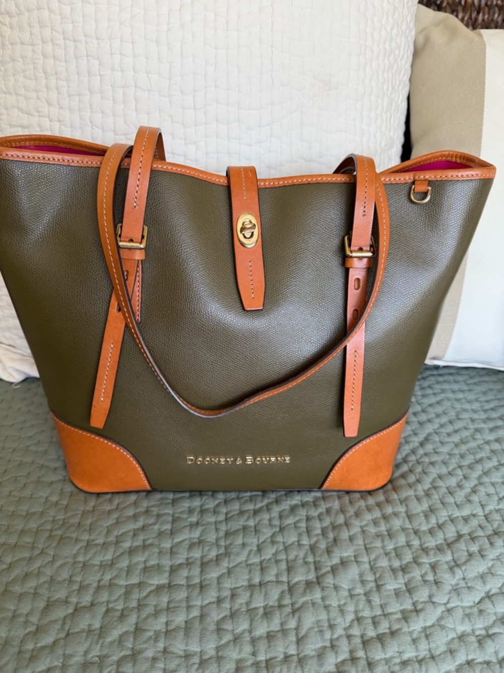 Dooney & Bourke Olive and Tan Leather Trim Tote